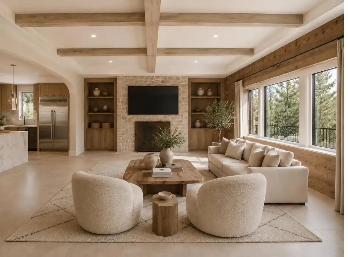 Fireplace after — lowered, TV above